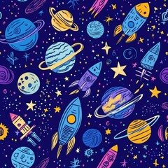 Poster - A collection of cosmic-themed doodles featuring colorful planets, whimsical rockets, and sparkling stars against a deep blue space backdrop. Generative AI