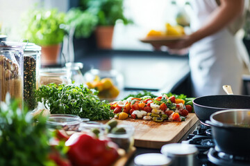 Woman tossing fresh greens in a bowl, preparing a vibrant salad in a sunlit kitchen.