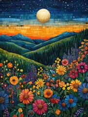 Sticker - Vibrant Landscape: A Colorful Meadow with Wildflowers Under a Starry Sky and Full Moon