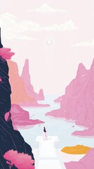 Canvas Print - Serene Landscape: A tranquil scene of pink mountains and a calm river, perfect for relaxation and meditation visuals.