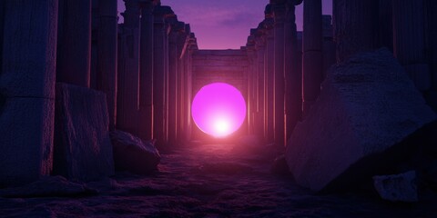 Wall Mural - Surreal Landscape: A mystical purple orb illuminated in ancient ruins with a twilight backdrop, perfect for fantasy themes.