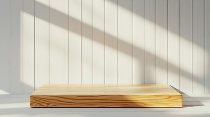Poster - A rustic wooden shelf rests against a white panel wall, illuminated by soft sunlight. The shadows create a serene atmosphere in the cozy indoor space
