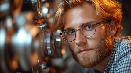 A young man with light blond hair and stylish glasses gazes thoughtfully at the camera, positioned next to an array of vintage machinery in a warmly lit environment