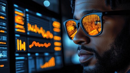 Poster - The individual closely observes financial charts and graphs displayed on nearby screens, with vibrant data reflected in sunglasses, indicating a late-night analytical environment
