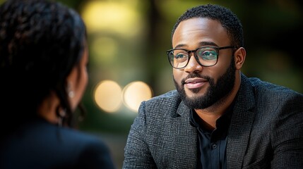 Two people are engaged in a thoughtful discussion in a lush park. The man, wearing glasses and a blazer, listens attentively as the woman speaks, both surrounded by natural beauty