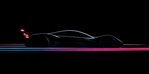 Poster - Futuristic Car Silhouette: A sleek dark silhouette of a sports car with neon light trails, perfect for automotive-themed projects.