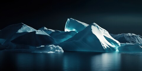 Poster - Serene Icebergs in Dark Waters: A striking depiction of floating ice formations with vivid blue hues, ideal for nature and environmental themes.