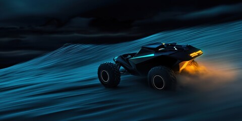 Sticker - Futuristic off-road vehicle racing through a dark landscape with blue lighting and a glowing trail, perfect for action-themed designs.