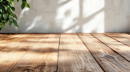Poster - Sunlight streams through a window, casting intricate shadows onto a rustic wooden floor while leafy indoor plants add a touch of nature and tranquility to the ambiance