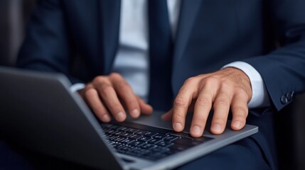 Poster - A person dressed in a suit is typing on a laptop placed on their lap, demonstrating focus and engagement in a business task during a bright day
