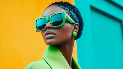 Wall Mural - Portrait of a stylish woman with oversized sunglasses in a high-fashion urban yellow green setting