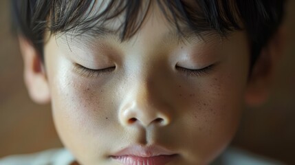 Wall Mural - Close-up Portrait of a Young Boy with Eyes Closed