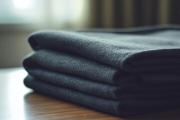 Aufkleber - Neatly folded minimalist sportswear arranged on a smooth wooden table, enhancing a clean and organized appearance in a bright setting. Generative AI