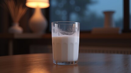 A glass of fresh milk on a wooden table beside a lamp in a cozy room, illuminated in the soft glow of evening light