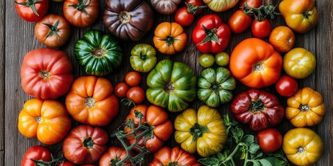 Wall Mural - a variety of organic tomatoes in different colors and sizes laid out on a rustic wooden table in a garden setting.