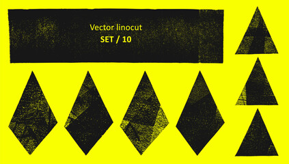 Leinwandbilder - Linocut, relief printing textured vector triangles tetragon rectangle stripe shapes rough textures set. Linocutting backgrounds, text frames. Paint roller stains, lino ink grungy geometric figures