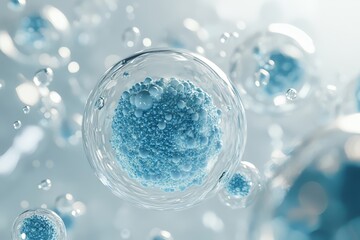 gclose-up of blue exosome particles inside transparent spheres. 3d illustration of exosomes in biote