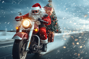 Wall Mural - Santa Claus rides a motorcycle through a snowy landscape, delivering gifts with speed and style.