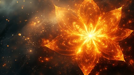 Fototapete - This artwork features an intricate flower shape formed by warm orange hues, emitting a bright core of light against a contrasting dark background, evoking a sense of wonder and beauty.