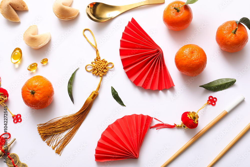 Composition with tangerines and Chinese symbols on white background. New Year celebration