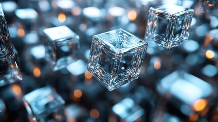 Poster - Floating glass cubes create a stunning visual amid soft glowing lights, enhancing the dark atmosphere and showcasing intricate reflections.