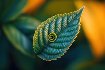 Aufkleber - A single tea leaf spirals gently, surrounded by vibrant green foliage, capturing the delicate beauty of nature at dusk. Generative AI