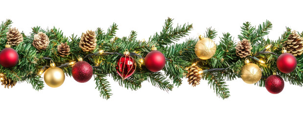 Wall Mural - seamless decorative christmas border with coniferous branches and garlands of christmas lights and o