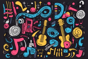 Poster - A vibrant collection of doodles depicting musical instruments, notes, and sound waves, showcasing a lively and artistic expression of music. Generative AI