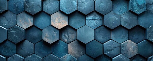 Wall Mural - Futuristic blue hexagon background, symbolizing blockchain technology, digital security, and modern innovation. Free copy space for banner.