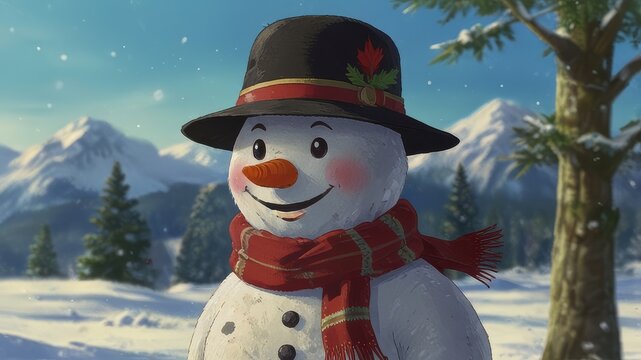 Winter holiday banner - Close-up of a laughing snowman in a wool hat and scarf, on a snowy landscape with bokeh lights and sunlight