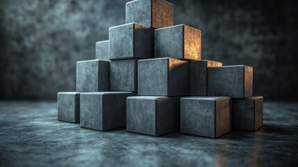 Leinwandbilder - A structured arrangement features gray concrete blocks stacked in a pyramid shape. Gentle lighting highlights their rough texture, creating a modern aesthetic in a subdued space.