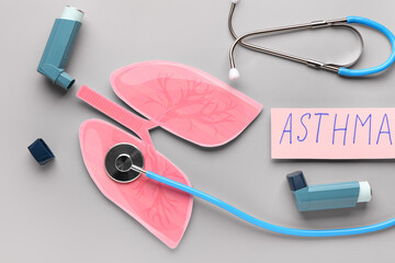 Wall Mural - Inhalers, paper lungs, stethoscope and paper sheet with text ASTHMA on grey background, closeup