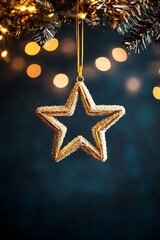 Star Christmas ornament hanging against dark blue bokeh background. Christmas and New Year celebration. Winter holiday decoration. Greeting card, poster