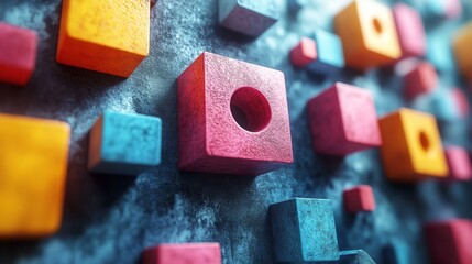 Poster - Various colorful shapes, including squares and a circle, are arranged against a textured background. The vivid colors and unique arrangement create a striking abstract visual.