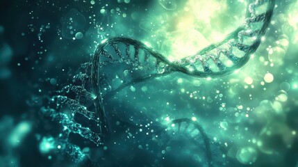 DNA science wallpaper with transparent helix glowing and liquid waves in the backdrop