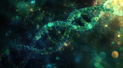 Abstract DNA backdrop with glowing helix floating in misty textures and light effects