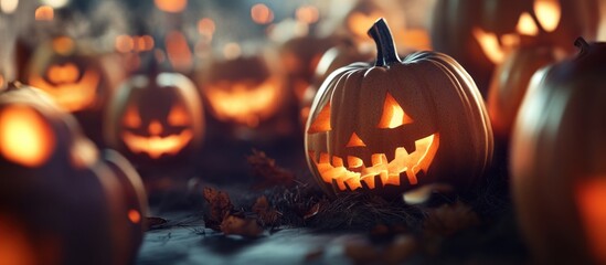 A group of carved pumpkins with lit candles inside, sitting on a dark surface, with a blurry background of other pumpkins and lights.