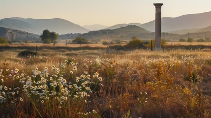 Canvas Print - Ancient Column in a Field of Wildflowers