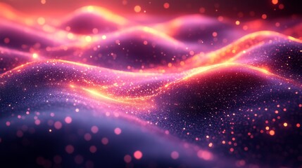 Fototapete - A captivating display of abstract waves undulating in rich purple and orange hues, filled with glowing particles, creates an enchanting digital environment.