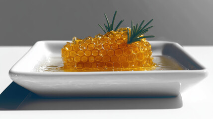 A plate of honeycomb with two sprigs of rosemary on top