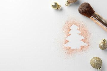 Poster - Christmas tree made of powder, balls and makeup brush on white background, flat lay. Space for text