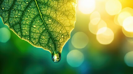 Canvas Print - Wallpaper of wet leaf with water droplet sliding down blurred green background