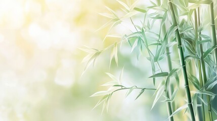 Poster - Serene bamboo garden wallpaper with tall stalks and blurred background of green and beige tones