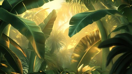 Poster - Wallpaper of jungle leaves with soft sunlight and misty background for a vibrant atmosphere