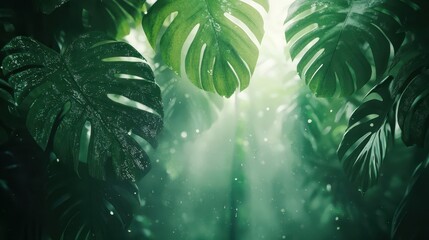 Canvas Print - Rainforest wallpaper with monstera leaves water droplets and a misty blurred background