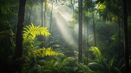 Poster - Wallpaper of vibrant rainforest with ferns and palms soft sunlight and misty backdrop