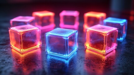Fototapete - A variety of glowing ice cubes in shades of pink and blue are arranged on a dark surface, creating a captivating and colorful display that enhances the evening atmosphere.
