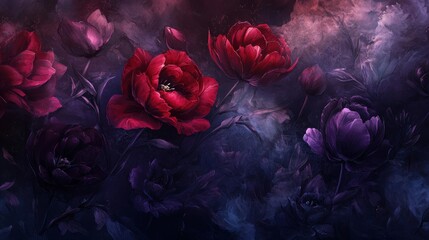 Canvas Print - Dark floral wallpaper with roses and tulips glowing in soft backlight for a mysterious effect