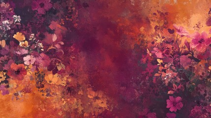 Wall Mural - Abstract wildflower wallpaper with watercolor-like textures and a vibrant magenta-orange background