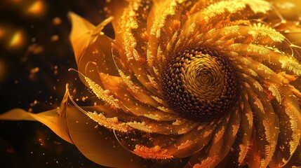 Poster - Detailed sunflower wallpaper showing spiraling seeds and golden petals softly blurring at the edges